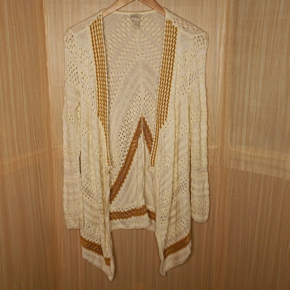 Chico's Cream & Tan Waterfall Cardigan